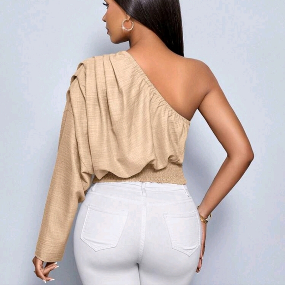 Women's Bule Color One Shoulder Pleated Long Sleeve Blouse,Solid Color - Picture 2 of 4